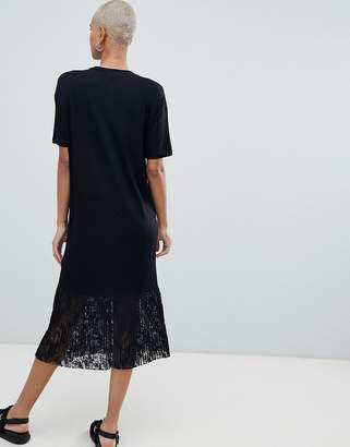 ASOS DESIGN Midi T-Shirt Dress with Pleated Lace Hem