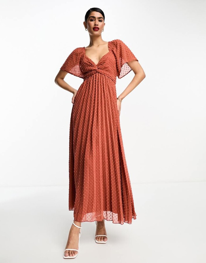ASOS DESIGN twist front angel sleeve dobby midi dress in dark rust