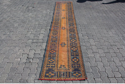 Bungalow Rose Vintage Turkish Oushak Runner Rug in Blue - Ideal Antique Anatolian Corridor Patchwork Rug