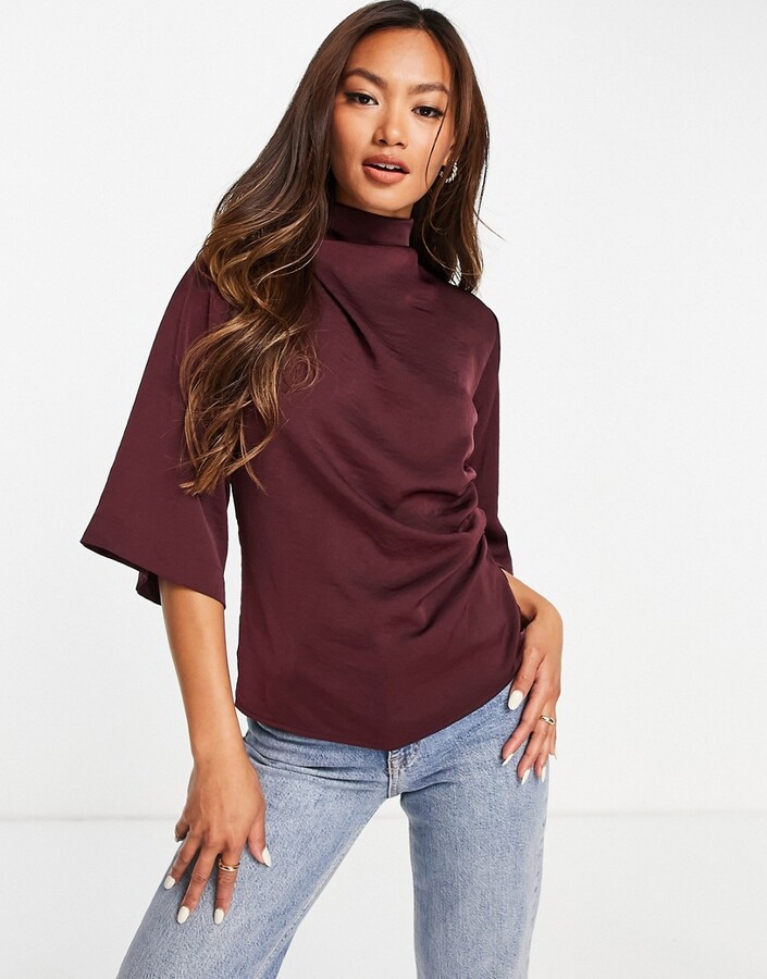 ASOS DESIGN high neck drape top with flutter sleeve and ruched