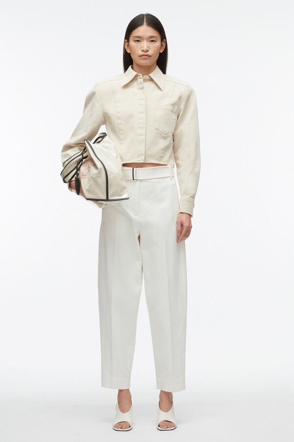 Denim Cropped Shirt with Shoulder Pads in ECRU