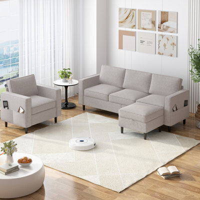 Ebern Designs Modern Sofa And Single Seat Set - Durable 3-piece Living Room Furniture Sturdy L-shaped Sectional Couch With Storage Ottoman Space-saving Design For