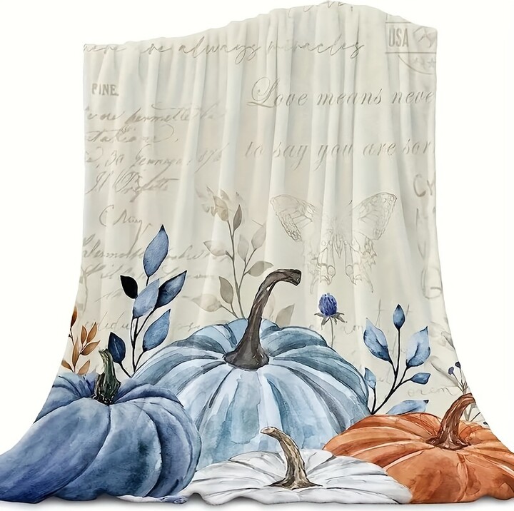 Temu Autumn Pumpkin Throw Blanket - Contemporary Style, Printed Music Theme, Woven Polyester Throw, Soft Warm Cozy Blanket For Bed, Sofa, Chair, Dorm Decor - 1 Piece