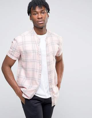 ASOS Design Oversized Check Shirt With Grandad Collar In Pink