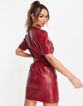 Vero Moda faux leather mini wrap dress with puff sleeve in dark red -  ShopStyle
