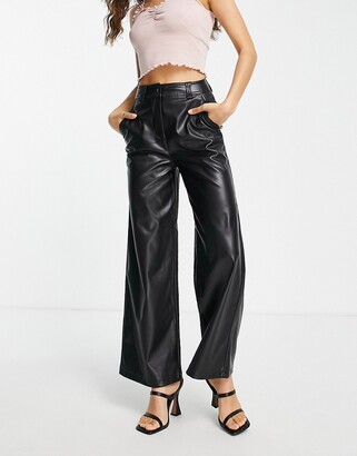 Topshop Petite faux leather wide leg trousers in black - ShopStyle