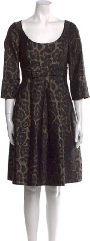Georges Rech A-Line Dress Black Animal Print Bow Accents Three-Quarter Sleeve with Scoop Neck Concealed Zip Closure at Back