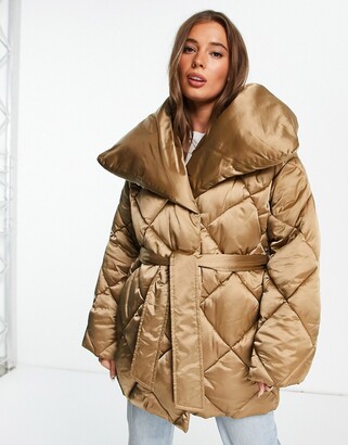 ASOS DESIGN diamond waterfall belted puffer jacket in bronze - ShopStyle