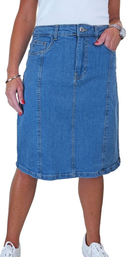 Paulo Due Women's Stretch Denim A Line Skirt Ladies Knee Length Flared Jean  Style Skirt Mid Blue 10-22 (12) - ShopStyle