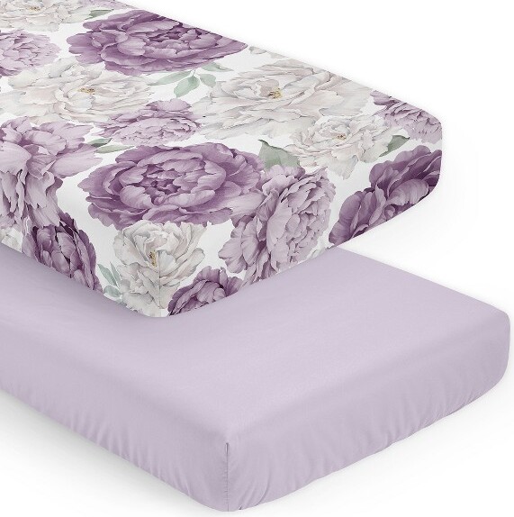 Sweet Jojo Designs SweetJojoDesignsGirlFittedCribSheetsSetPeonyFloralGardenPurpleIvoryandGreen2pc