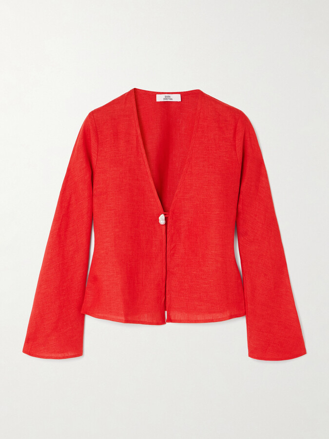 Sara Cristina Nerea Pearl-embellished Linen Top - Red