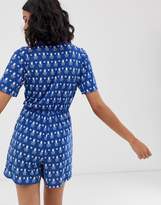 Thumbnail for your product : Monki octopus print v-neck short sleeve playsuit in blue