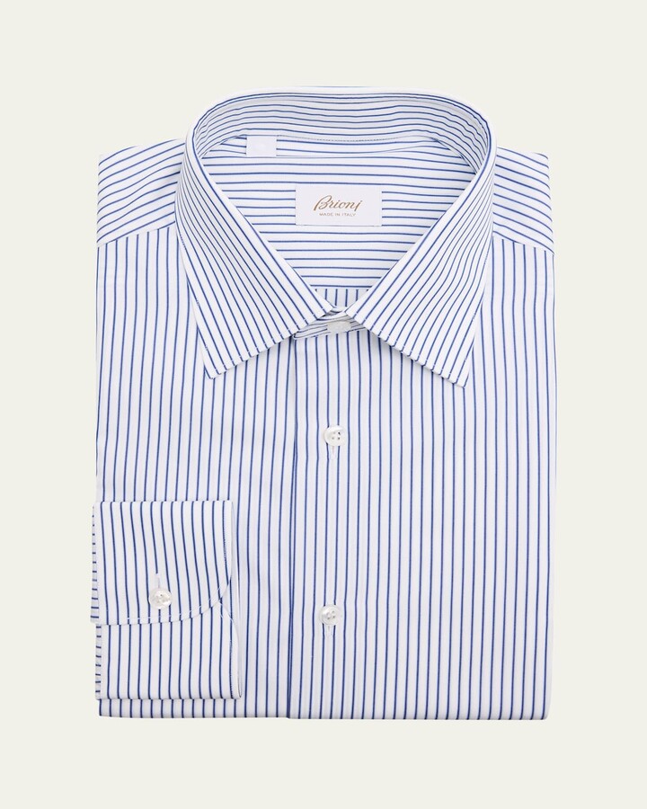 Brioni Men's Poplin Pinstripe Point-Collar Dress Shirt