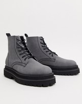 Thumbnail for your product : ASOS DESIGN lace up boots in grey faux leather on stacked chunky sole