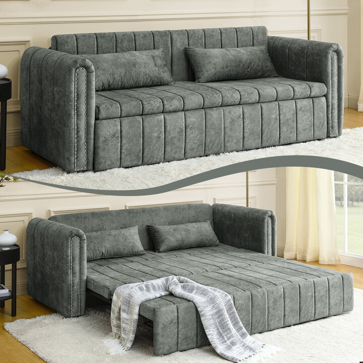 MOONMISS Velvet Upholstered Modern Convertible Sleeper Lounge Sofa Bed with Rolled Arms Decorated with Copper Nails-Gray