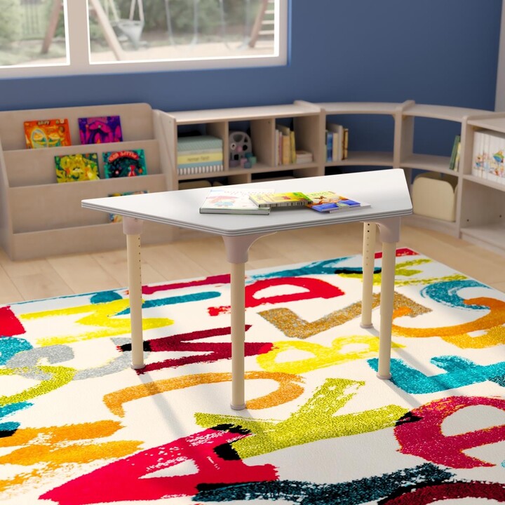 Flash Furniture 47 in. Bright Beginnings Commercial Grade Wooden Trapezoid Adjustable Height Classroom Activity Table - Metal Legs Adjust From 15-23 in. Beech & White