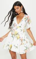 Thumbnail for your product : PrettyLittleThing White Floral Print Chiffon Plunge Skater Dress