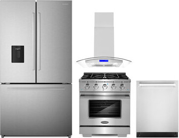 Cosmo 4 Piece Kitchen Appliance Package with French Door Refrigerator , 29.8'' Gas Freestanding Range , Built-In Dishwasher , and Island Range Hood