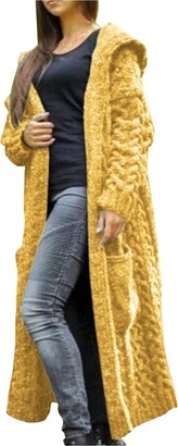 Jerfer Women Winter Solid Solid Knitted Loose Hooded Long Cardigan Sweater Pocket Coat Yellow