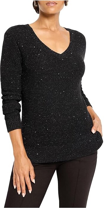 Nic+Zoe Shimmer Waffle V-neck Sweater Women's Clothing Black Onyx : SM, Polyester/Rayon/Spandex