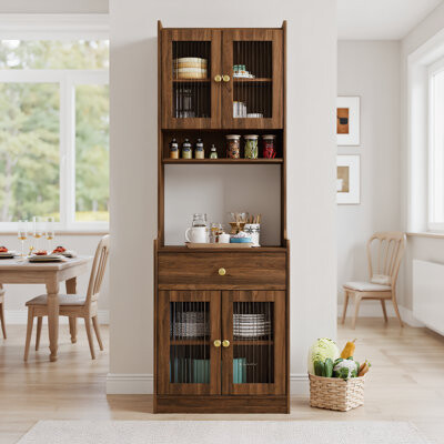 Ophelia & Co. Kitchen Pantry Storage Cabinet, Farmhouse Kitchen Hutch Buffet Cabinet With Microwave Stand, Freestanding Buffet Sideboard Coffee Bar Cabinet, Walnut