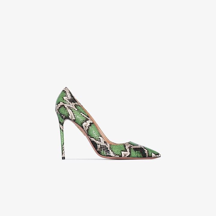 green snake print heels