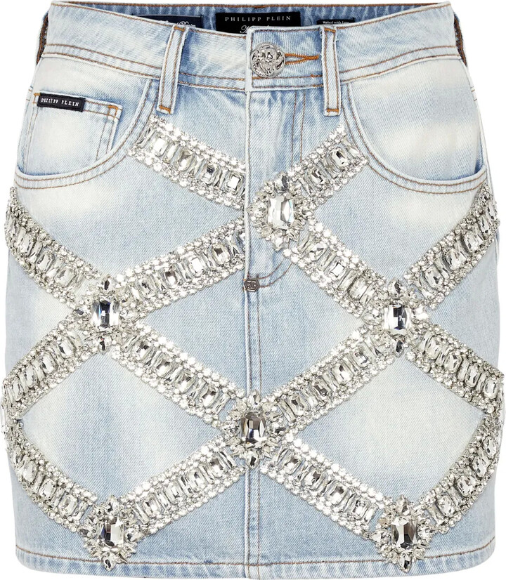 Philipp Plein Denim Brooch Mini-Skirt