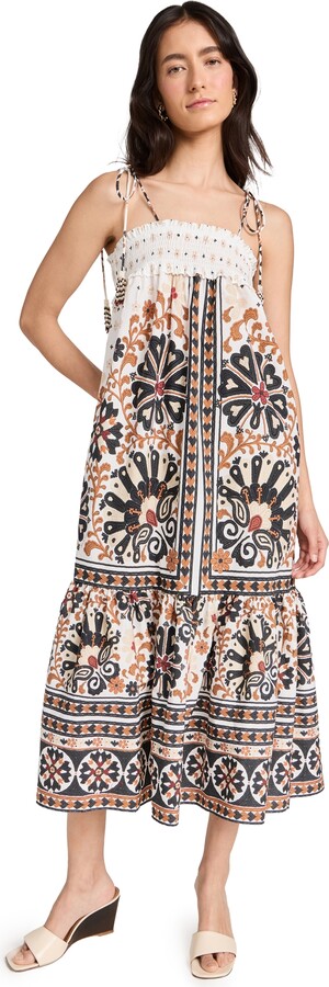 Farm Rio Flower Fan Tapestry Off-White Midi Dress