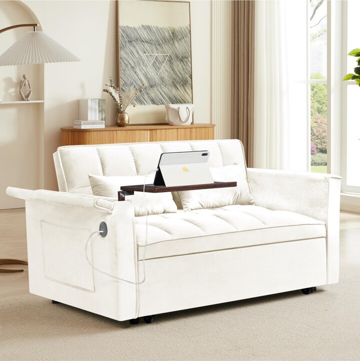 Streamdale Furniture Foldable Velvet Sofa Bed with Usb Desk (Beige)