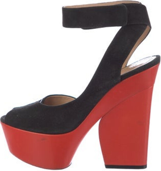 Celine Suede Slingback Pumps Red Peep-Toes Platform Wrap-Around Straps & Velcro Closure at Ankles Size not listed estimated from measurements.