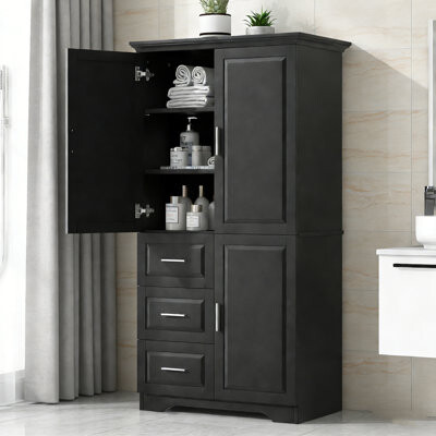 Latitude Run Freestanding Kitchen Pantry Cabinet, Tall Storage Cabinet With Three Drawers,Black