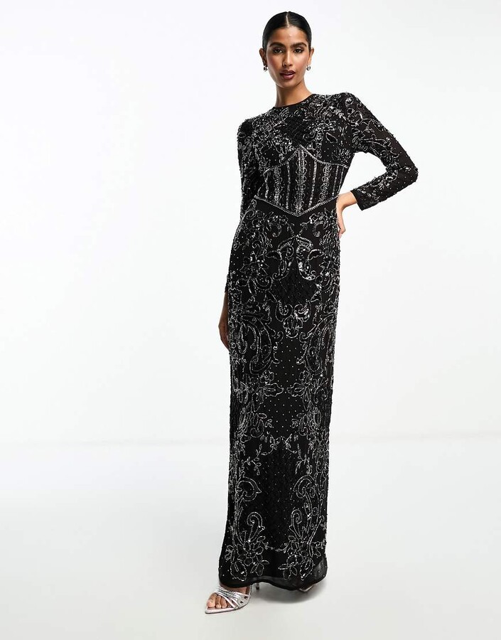 ASOS DESIGN embellished long sleeve maxi dress with floral detail