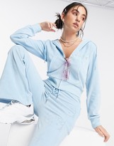 Thumbnail for your product : New Girl Order x Hello Kitty cropped zip hoodie in blue velvet with diamante kitty co