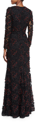 Sachin + Babi Long-Sleeve Beaded Lace Gown, Onyx
