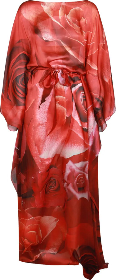 Roberto Cavalli Rose-Print Silk Kaftan Dress