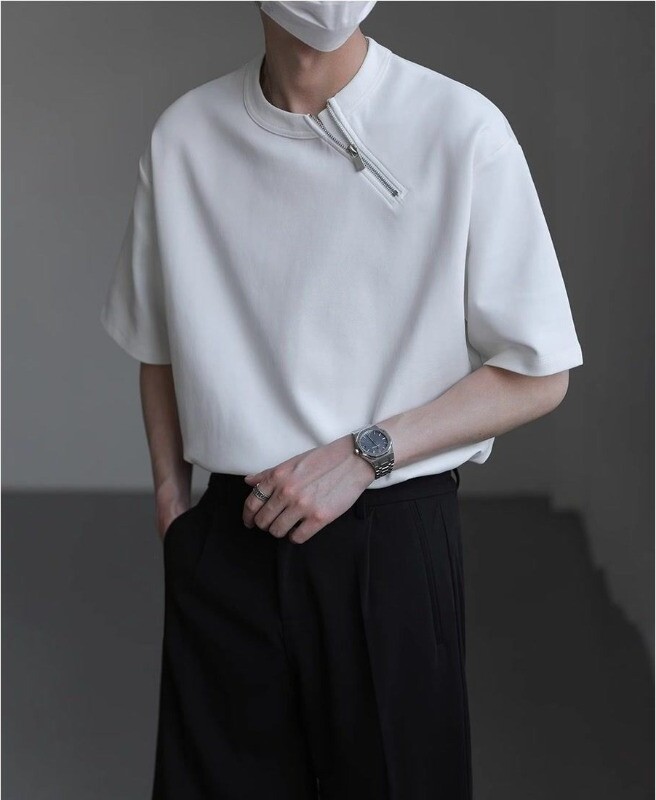 NONE Oblique Zipper Short-sleeved T-shirt for Men New Summer Fashion Trendy Brand Stylish Loose Round-neck Short-sleeved Shirt