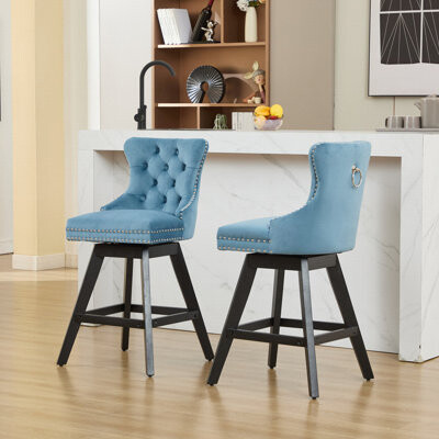 Red Barrel Studio Swivel Velvet Barstools with Button Tufted Design Wooden Legs and Chrome Nailhead Trim Set of 2 Light Blue Comfortable and Stylish