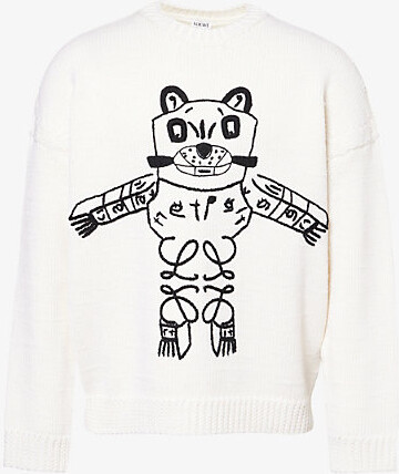 Loewe Mens White/Black x Louis Wain Lucky Cat Crewneck Wool Jumper L