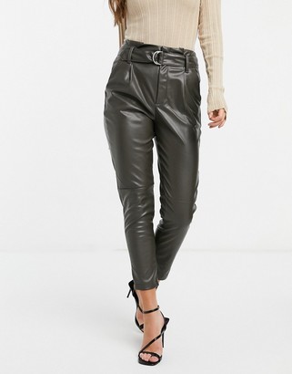 JDY leather look tapered trousers with belt in green - ShopStyle