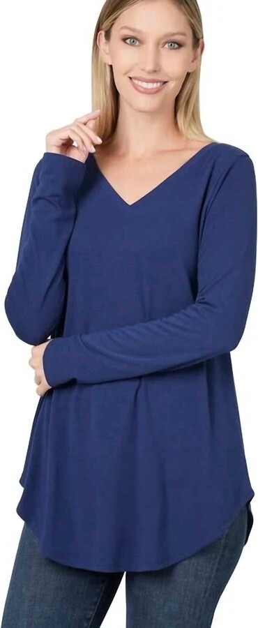 Zenana Long Sleeve Round Neck Hem Top In Light Navy