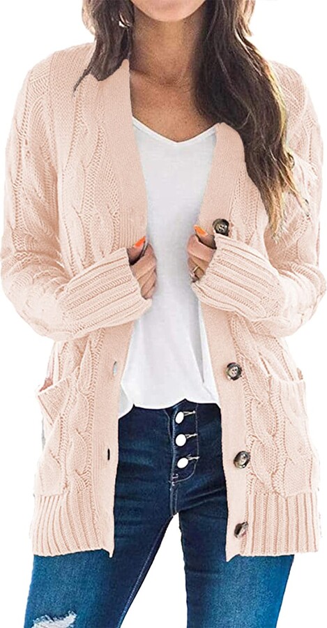 Ladies Cable Knit Button Down Flap Collar Neck Front Pocket Chunky Cardigan 8-14 