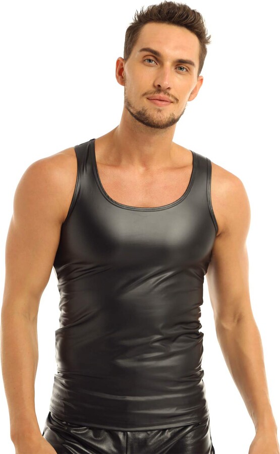 CHICTRY Men's Shiny Metallic Faux Leather Sleeveless Vest Tank Top Clubwear  Black X-Large - ShopStyle Shirts