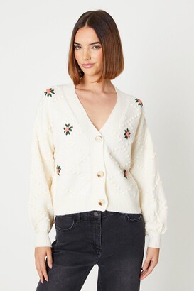 Oasis Womens Floral Embroidered And Bobble Girlfriend Cardigan