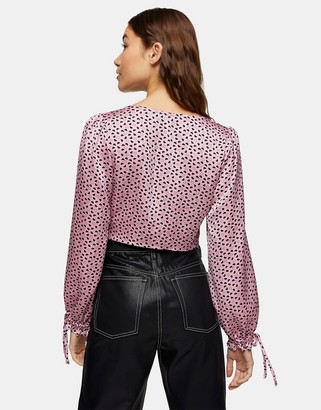 Topshop satin blouse in pink heart print