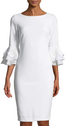 Iconic American Designer Bell-Sleeve Floral-Applique Sheath Dress