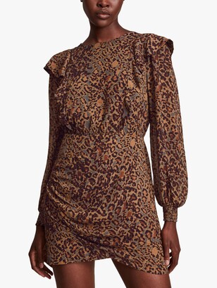 AllSaints Elodie Halftone Animal Print Dress, Spiced Honey Brown