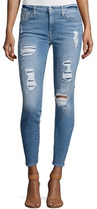 7 For All Mankind The Ankle Skinny Destroyed Jeans w/Sequins, Light Blue