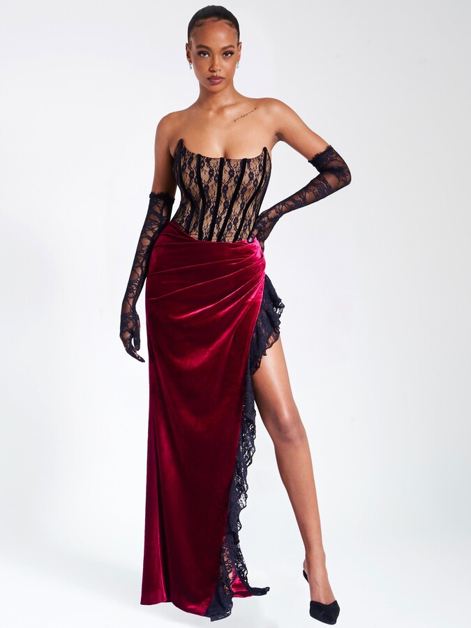 Miss Circle Gaia Lace Velvet Corset Side Slit Dress
