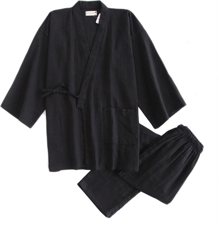 thefancypumpkin Men's Japanese Style Cotton Kimono Pajamas Suit Dressing  Gown Set[Black - ShopStyle Pyjamas