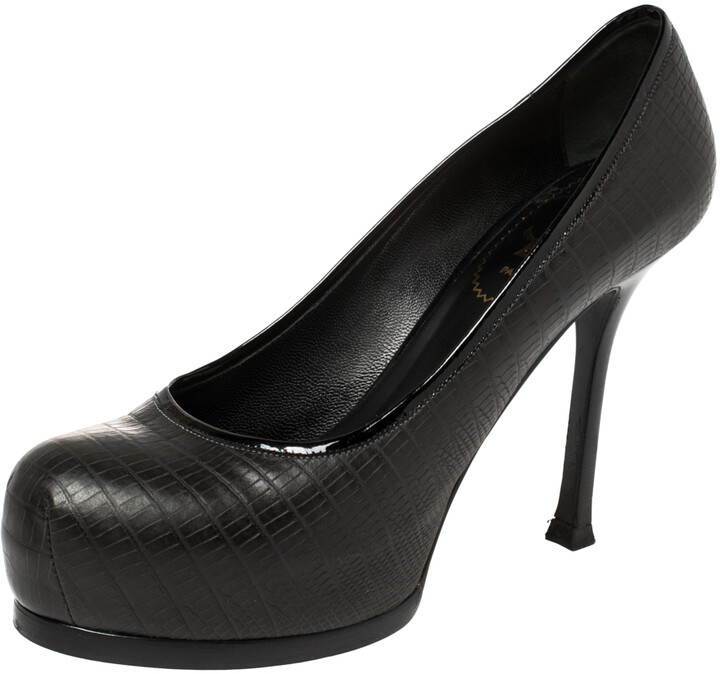 Saint Laurent Black Lizard Embossed Leather Tribtoo Platform Pumps Size 36